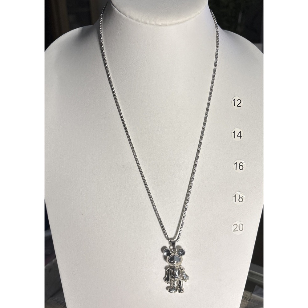 Avant Y2K Articulated Robot Toy Bear Pendant Necklace Silver Tone Cyberpunk